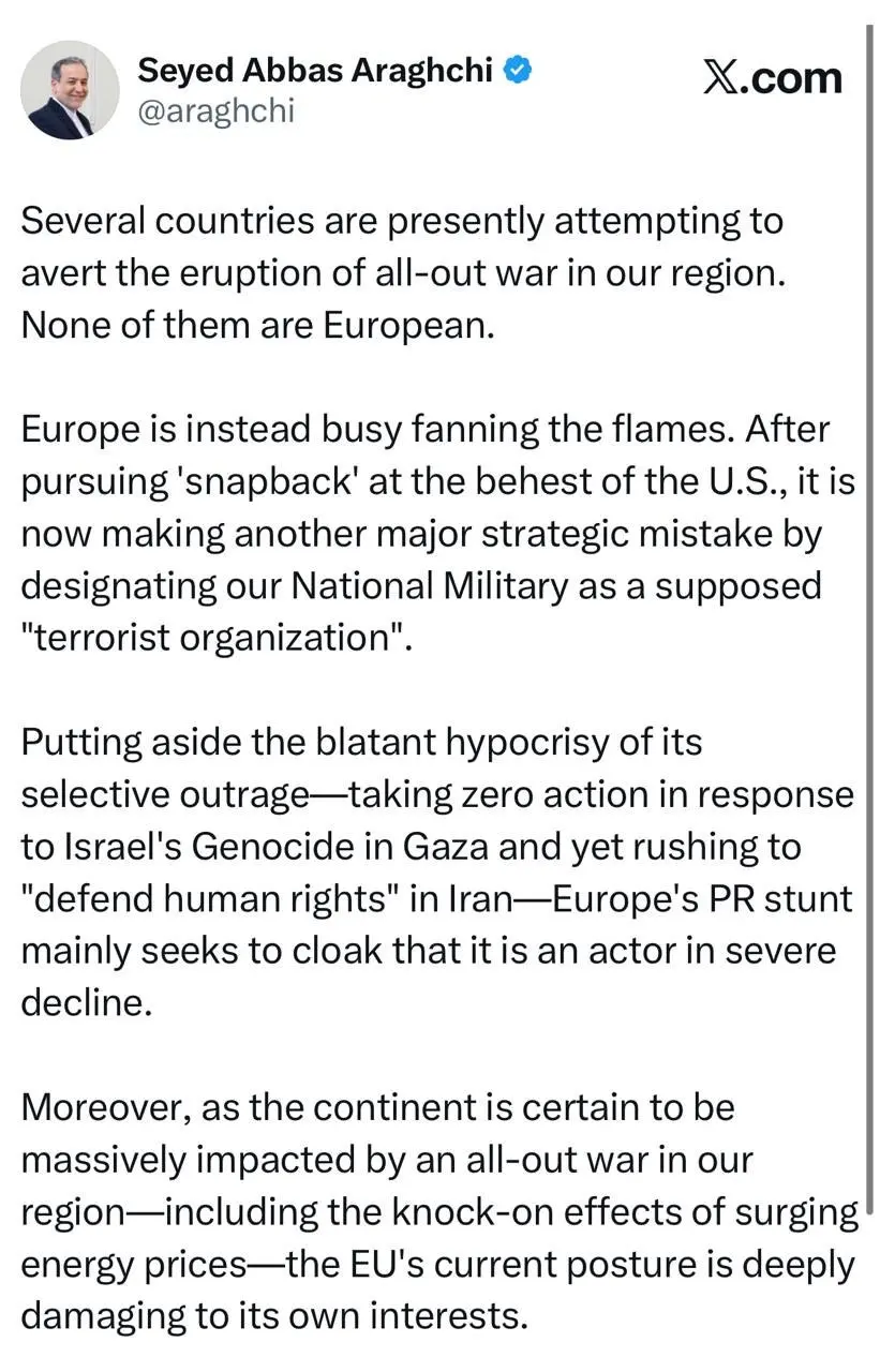 واکنش عراقچی به اقدام خصمانه اتحادیه اروپا علیه ایران