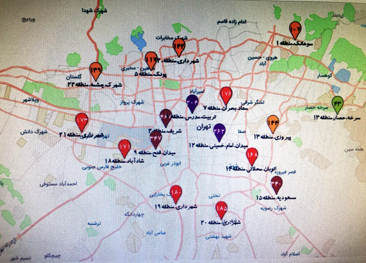 شاخص آلودگی هوای تهران به تفکیک مناطق