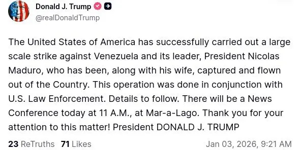پست ترامپ درباره دستگیری مادورو