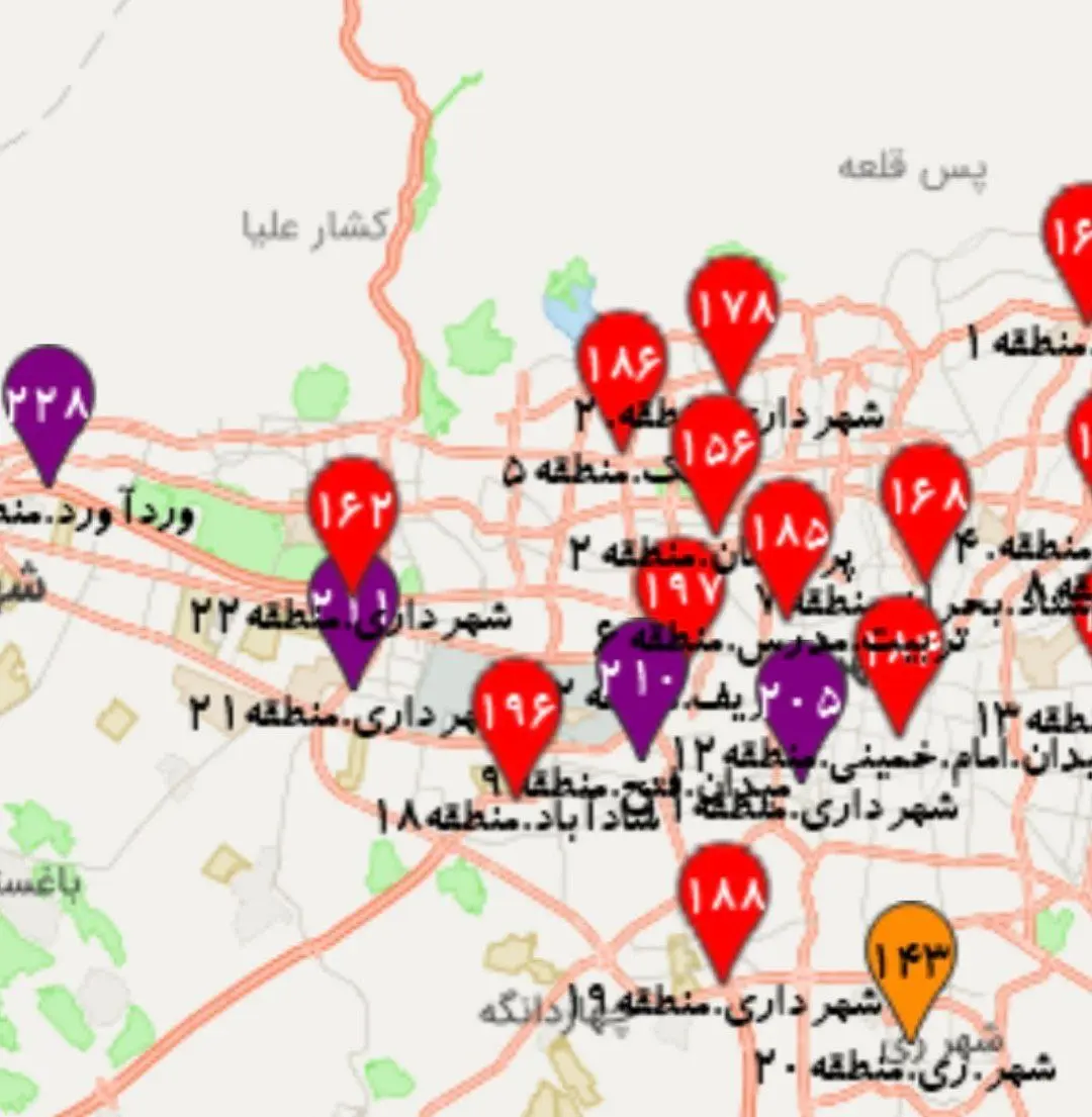 شاخص آلودگی هوا در ۴ منطقه تهران بالاتر از ۲۰۰