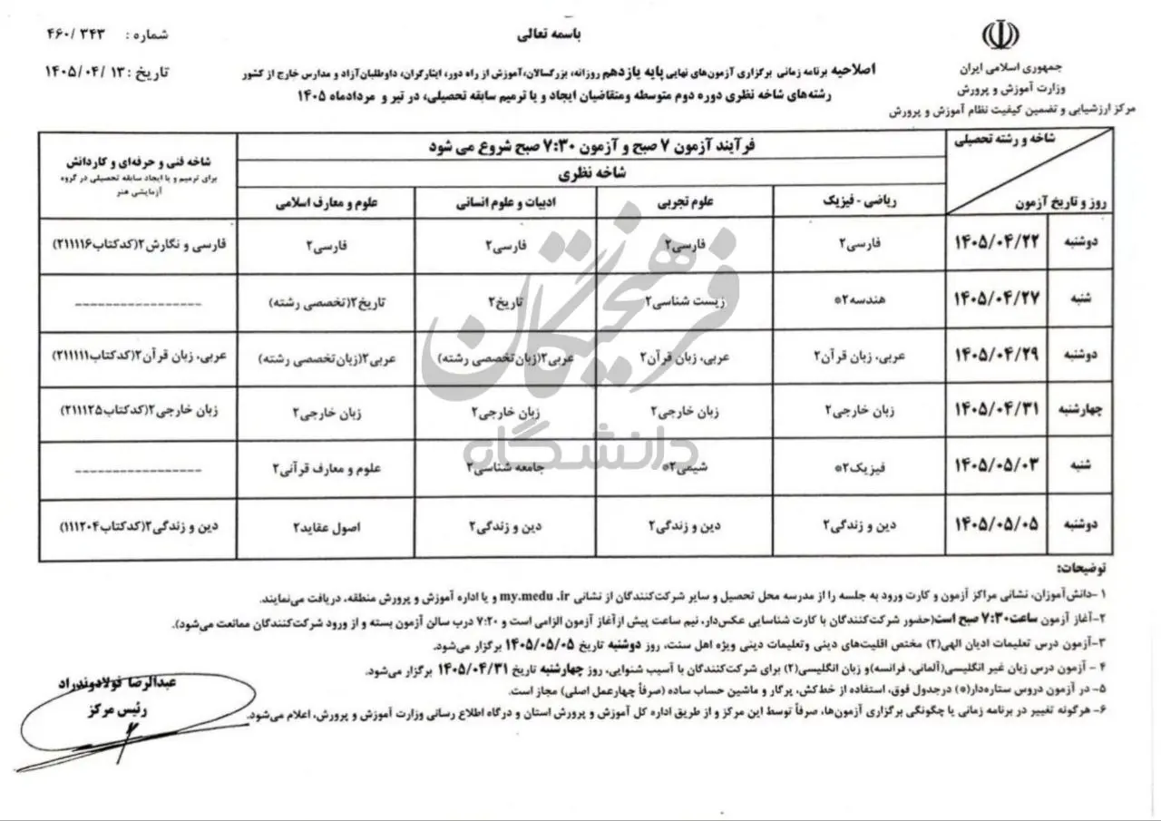 برنامه آزمون نهایی