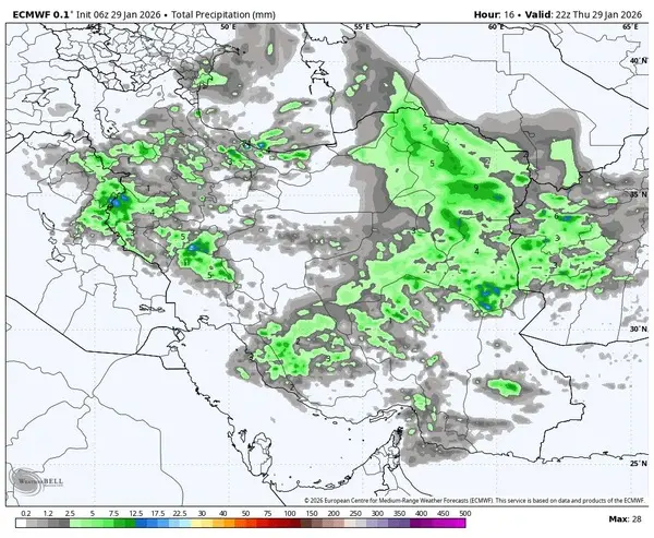 نقشه هواشناسی از بارش برف و کولاک در ایران
