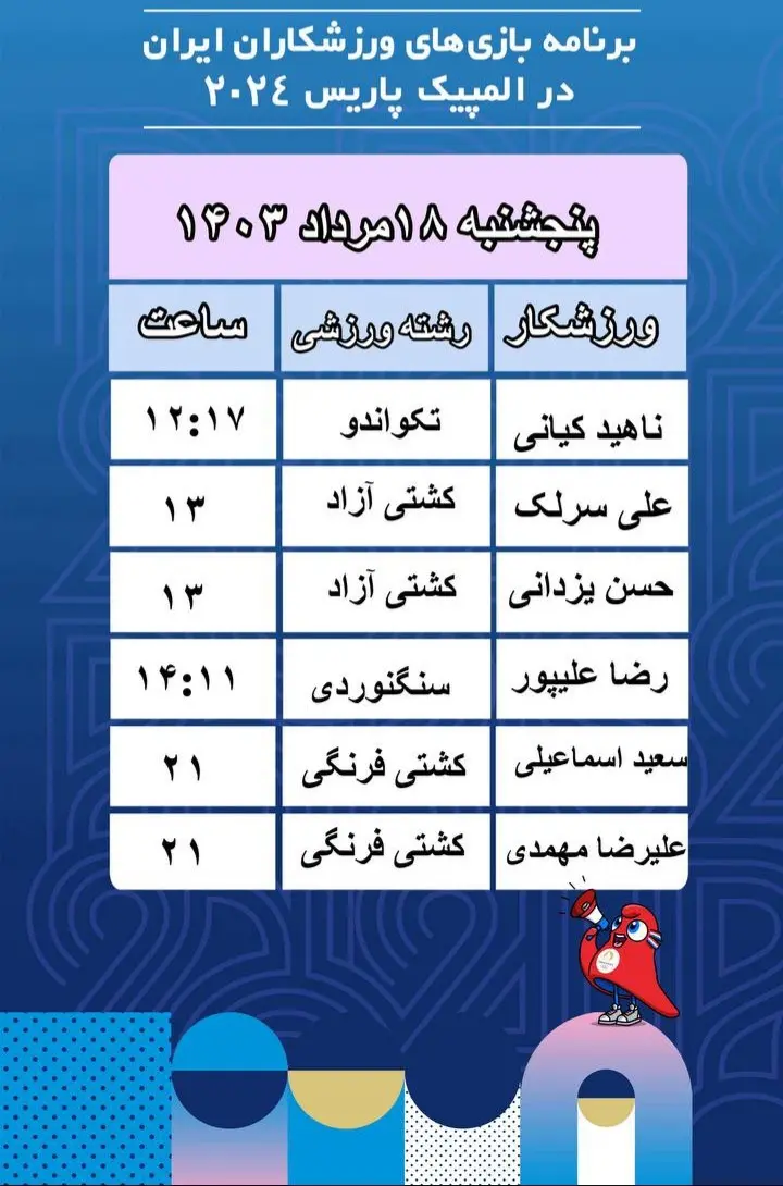 برنامه مسابقات امروز ایران در المپیک پاریس