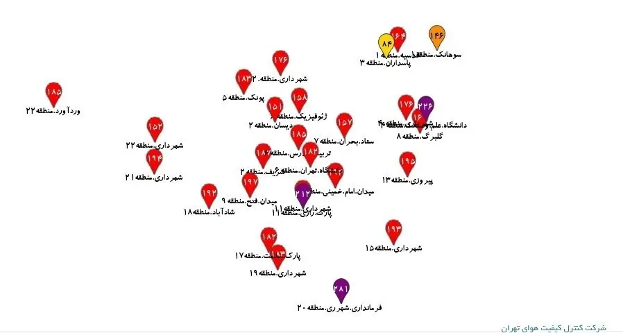 نقشه آلودگی هوای مناطق تهران یکشنبه شب ۲ آذر ۱۴۰۴