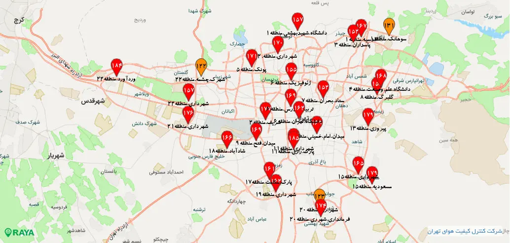 نقشه آلودگی هوای تهران بعدازظهر امروز سه شنبه ۲ دی ۱۴۰۴