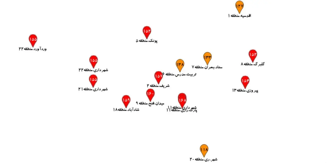 نقشه آلودگی هوای مناطق تهران جمعه شب ۳۰ آبان ۱۴۰۴