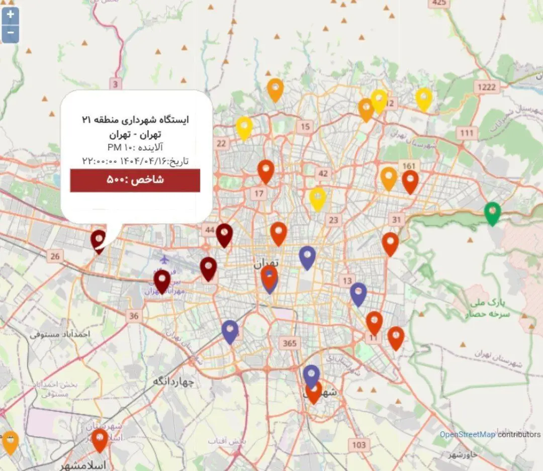 نقشه آلودگی مناطق تهران دوشنبه شب ۱۶ تیرماه