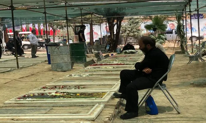 Crowd of families and friends bury the civilian victims of Israeli attacks