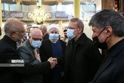 سه چهره برجامی در مراسم چهلم درگذشت همسر استاد مطهری: روحانی، لاریجانی و صالحی.