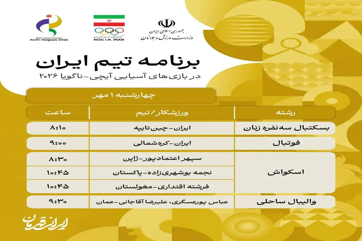 برنامه مسابقات تیم های ایران در بازی های آسیایی ۲۰۲۶