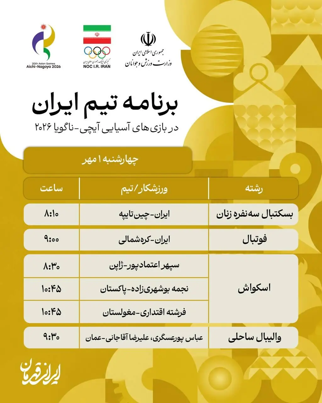 برنامه مسابقات تیم های ایران در بازی های آسیایی ۲۰۲۶