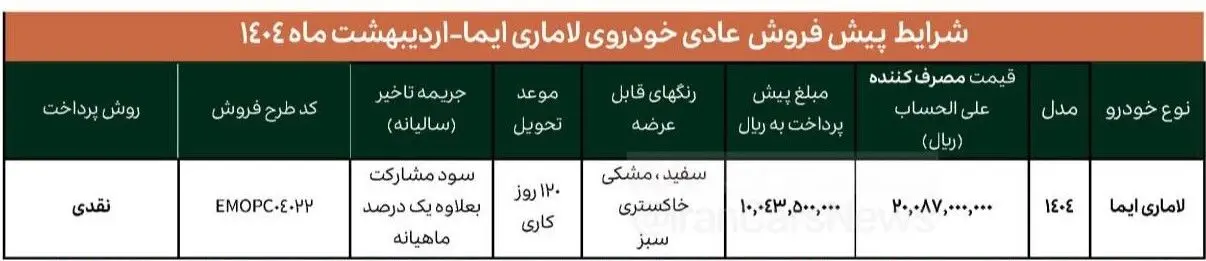پیش فروش لاماری نیمه دوم اردیبهشت ۱۴۰۴ / بدون قرعه کشی به قیمت کارخانه شاسی بلند بخرید+ لینک