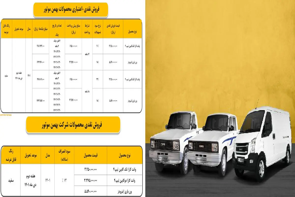 اعلام شرایط ثبت‌نام نقدی و اعتباری وانت کارا و ون باری اینرود