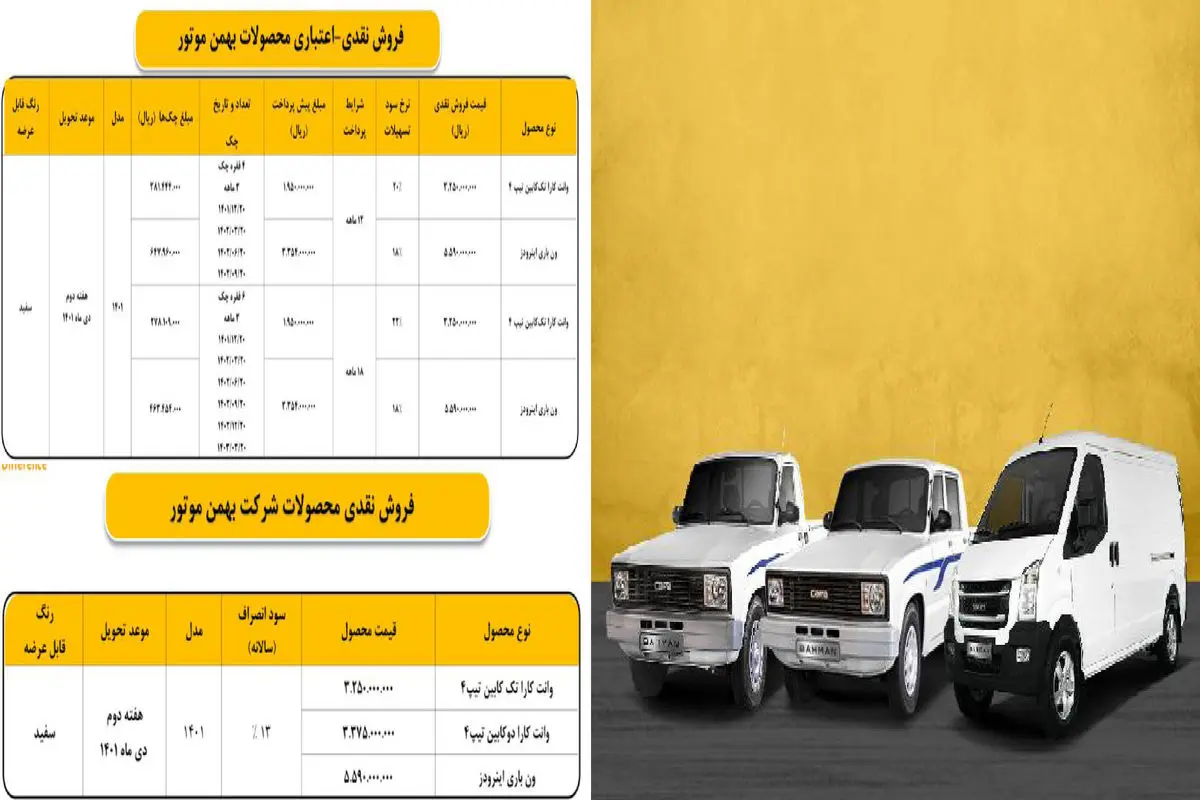 اعلام شرایط ثبت‌نام نقدی و اعتباری وانت کارا و ون باری اینرود