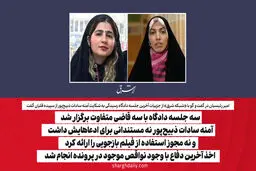 سه جلسه دادگاه با سه قاضی متفاوت برگزار شد/ آمنه سادات ذبیح‌پور نه مستندانی برای ادعاهایش داشت و نه مجوز استفاده از فیلم بازجویی را ارائه کرد/ اخذ آخرین دفاع با وجود نواقص موجود در پرونده انجام شد

