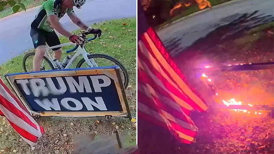 آتش زدن تابلوی حیاط خانه ترامپ توسط یک دوچرخه‌سوار/ ویدئو

